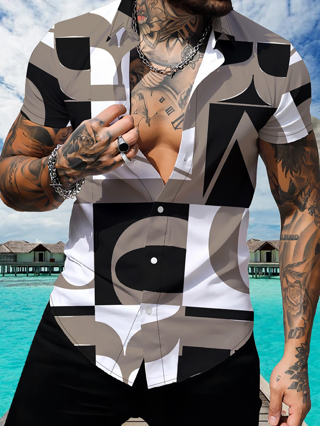 

Men's summer casual shirt short sleeve irregular pattern 3D digital printing shirt cross-border Amazon shirt short sleeve