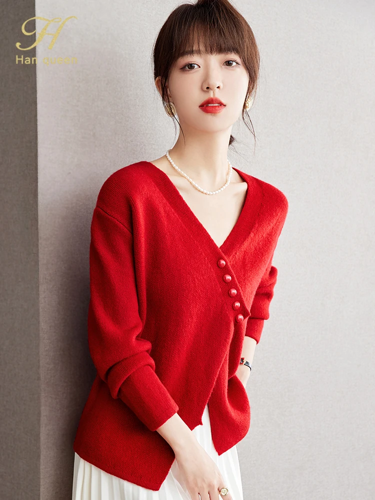 H Han Queen 2024 Winter Loose V-Neck Irregular Thick Knitted Cardigan Sweater Women Simple Basic Long Sleeve Casual Sweater Top