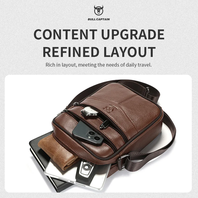 BULLCAPTAIN Genuine Leather Men's Casual Business Crossbody Bag Multi-Function 7.9 Inch Tablet Single Shoulder Bag