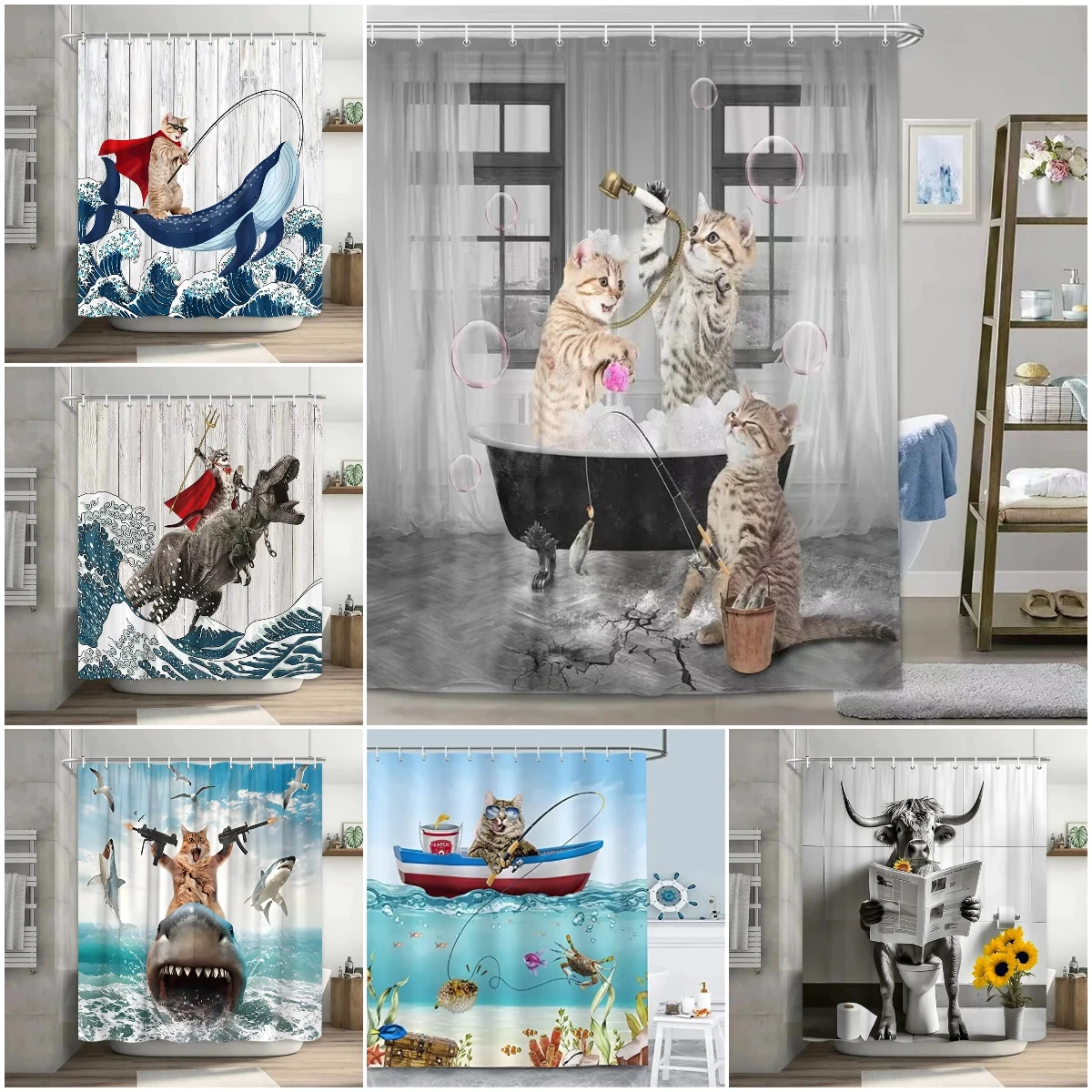 Funny Cat Shower Curtain Fun Animal in Bathtub with Fish Cloth Fabric Shower Curtain Hilarious Pet Bathroom Decor Set with Hooks