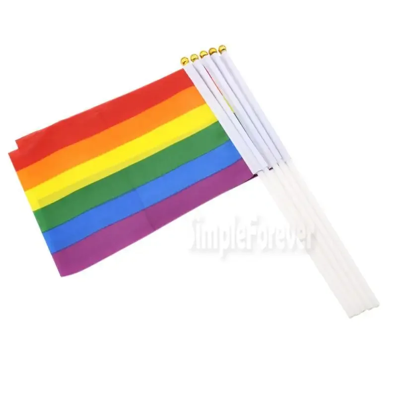 14*21cm Gay Pride Flag Lesbian LGBT Colorful Hand Waving Banners with Plastic Flagpoles