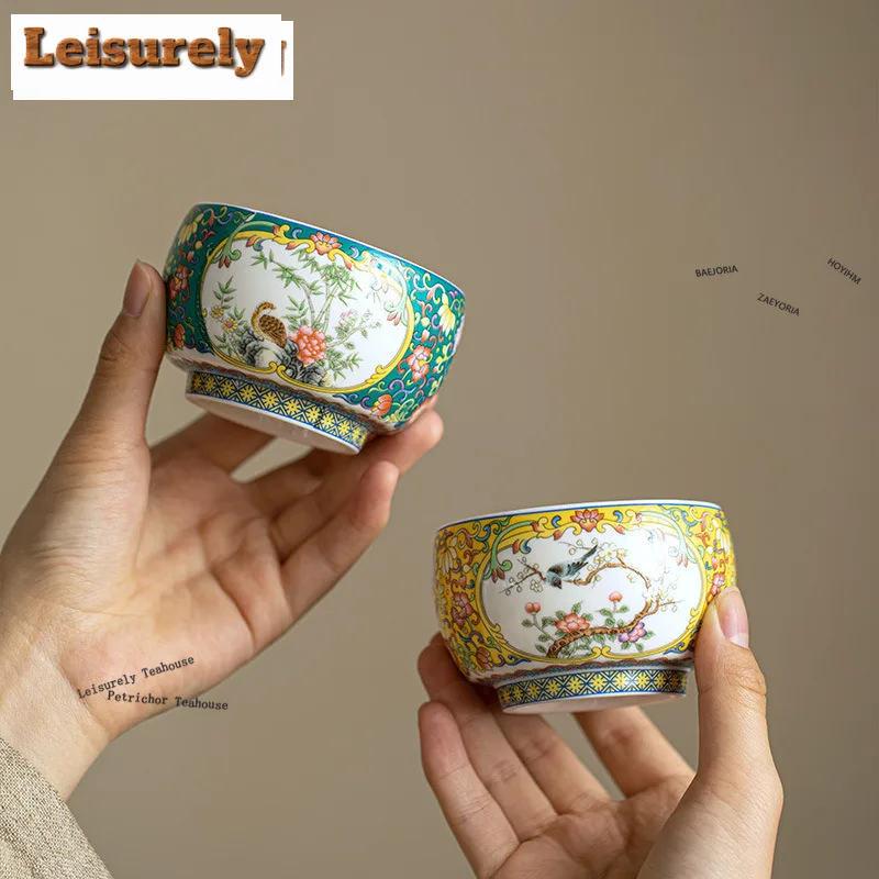 HOYIHM 140ml Chinese Enamel Color Ceramic Teacup Mutton Fat Jade Porcelain Tea Bowl Flower Bird Master Arhat Cup Meditation Cups