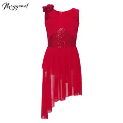 Kids Girls Sequins Lyrical Dance Costume Sheer Mesh Overlay Leotard Dress Gymnastics Figure Skating Latin Cha-Cha Waltz Dress