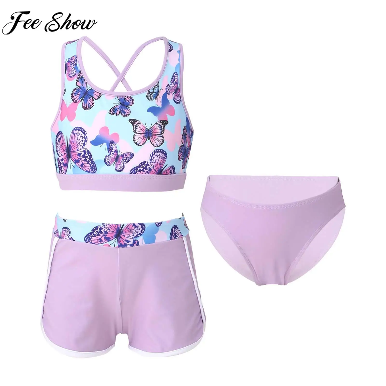 8-16Y Girls Print Swimsuit Cross Straps Crop Top with Shorts Briefs Set Bathing Suit Beach Pool Water Park Swimwear Rash Guard