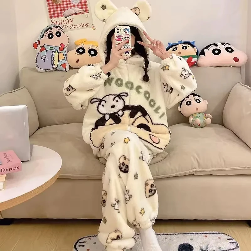 Crayon Shin-Chan pijamas de mujer nuevos pijamas de franela cómodos Otoño Invierno grueso cálido dibujos animados lindo dormitorio traje para casa