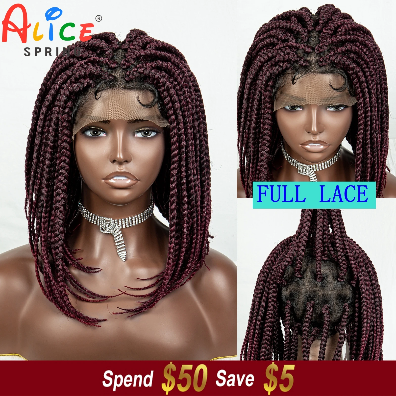 99J Short Synthetic Braided Bob Wigs Full Lace Crochet Hair Wig for Black Women Knotless Box Braids Synthetic Lace Front Wigs