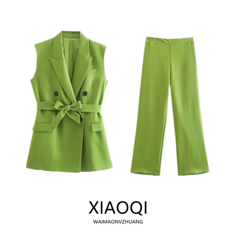 

Autumn Winter Women's Faion Set High Waist Pants Belted Vest Drapey Midi Length Design Sensation Ele Workwear
