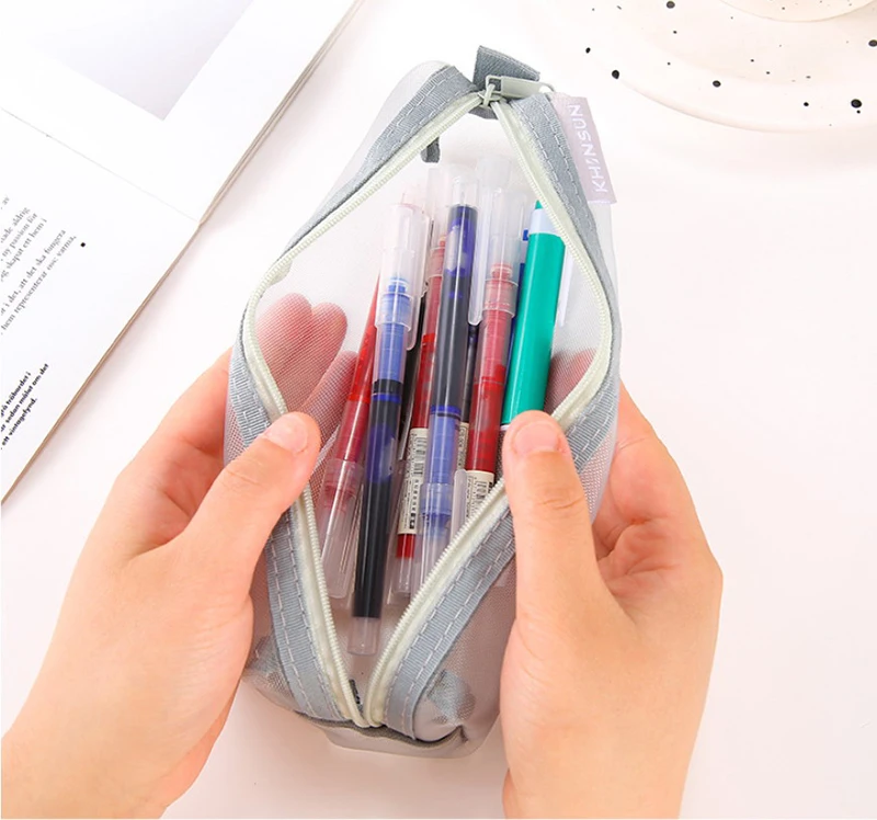 Simple Transparent Mesh Pencil Case Thickened Large Capacity Portable For Students Exam Bag Storage Pouch Stationery Supplies