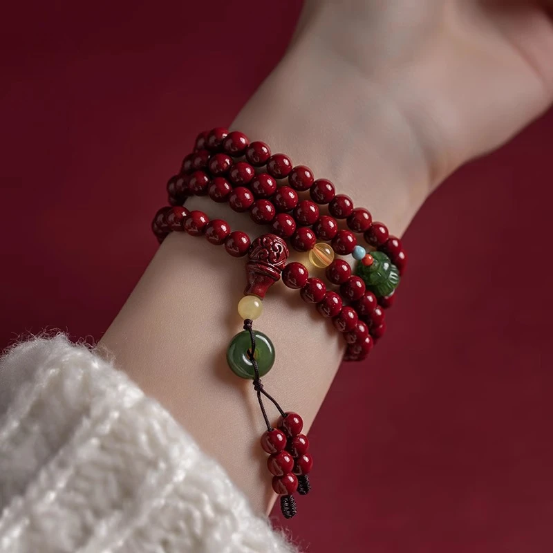 

Genuine Cinnabar Bracelet Hetian Jade Safety Buckle Women's Multi-circle Bracelet Natal Year Female Amulet Gift