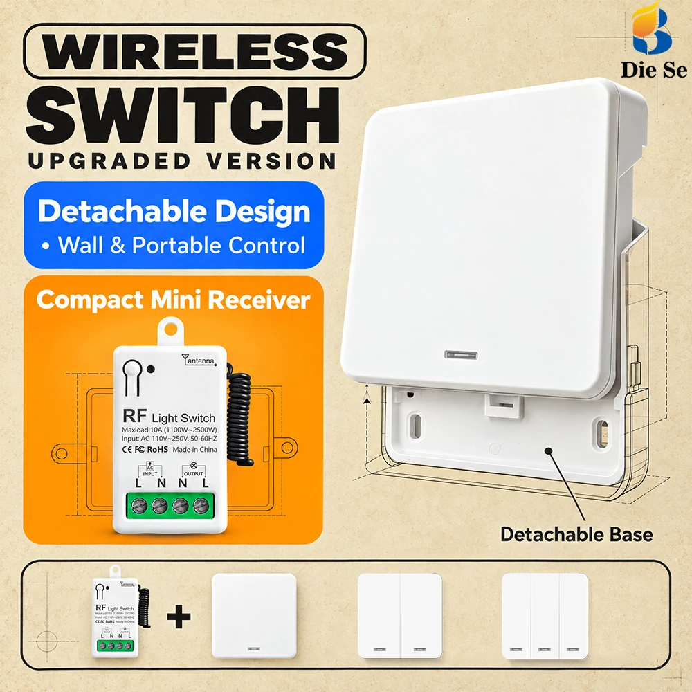 433MHz RF Remote Control Light Switch, AC 220V Wireless Receiver with 1/2/3 Gang 86 Push Button Panel, 50m Range for LED Home