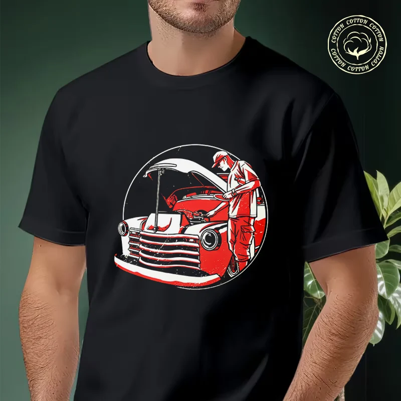 

BBQ In Vintage Car Motor Men's Moto T Shirt Casual Dress High Quality Mens Cotton Round Neck Short Sleeved T-shirt