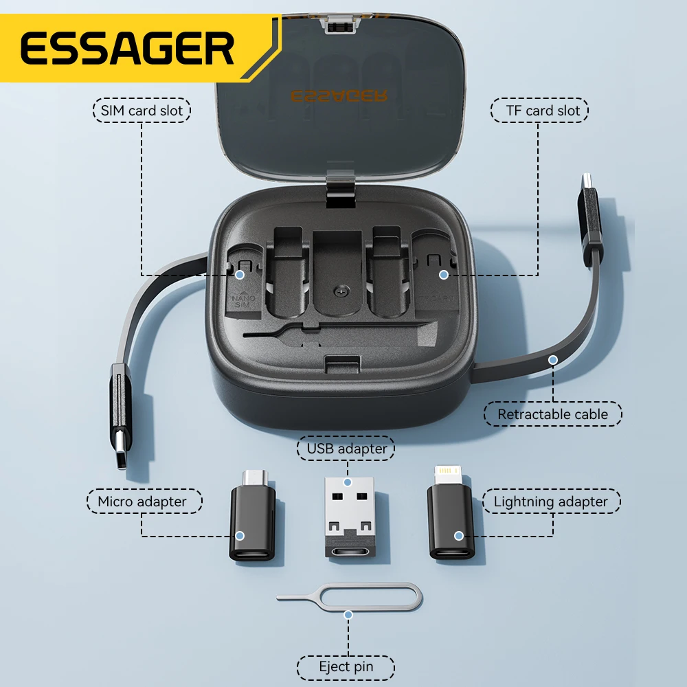 Essager-USB Type-C急速充電器,60W,多機能トラベルマイクロライトケーブル,電話ホルダー付きミニ多機能収納ボックス,ピンセット