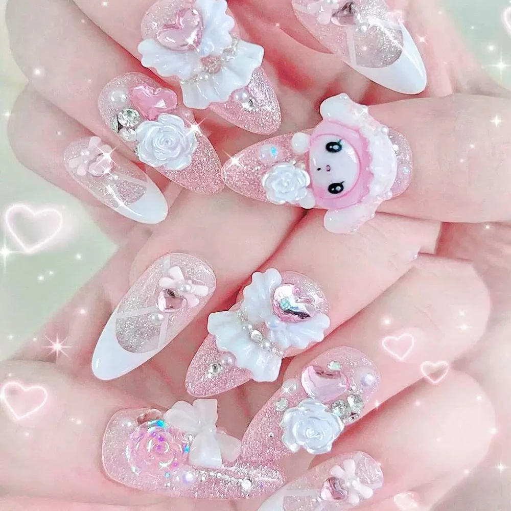 10 Stuks 3D Cartoon Sanrio My Melody Amandel Volledige Dekking Nail Tips Zoete Strik Metalen Diamant Japanse Serie Afneembare Nep nagels