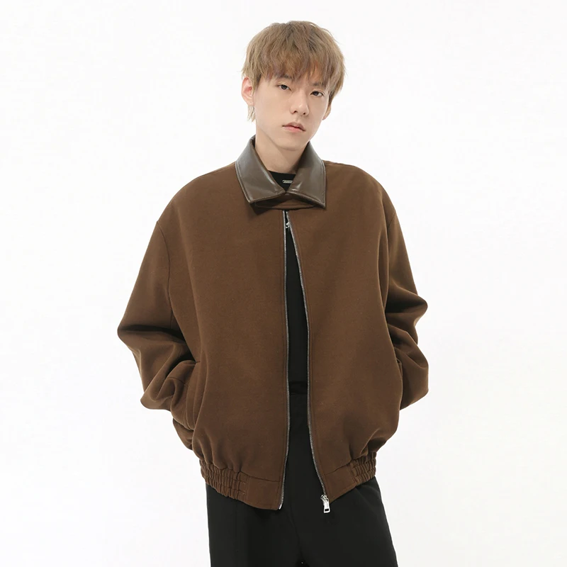 IEFB Korean style men's coats PU splicing loose simple turn-down collar solid color casual male jackets new fashion 9C8724