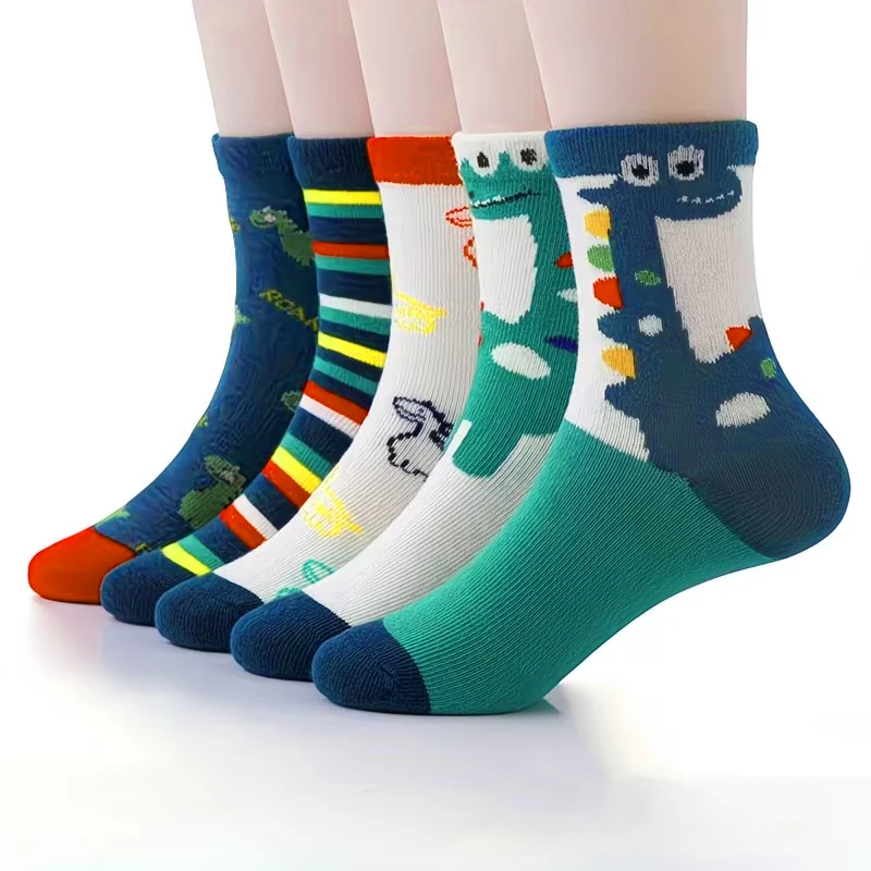 5 Pairs Kids Boys Crew Socks Cute Cartoon Dinosaur Print Comfortable Soft Children Mid‑Calf Socks For Spring Autumn Daily Wear