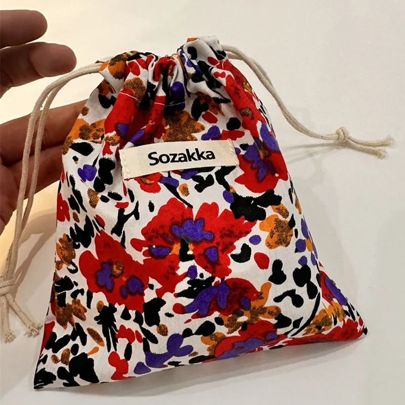 Vintage Drawstrings Coin Bags Purse Money Keys Earphones Cotton Fabric Organizers Pocket Lipstick Toiletry Makeup Storage Bags