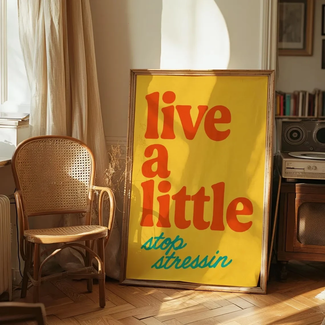 Moderner Retro-70er-Jahre-Zitat-Abstrakt-Wandkunstdruck mit gelber Schrift, Leinwandgemälde, Poster, Bild für Schlafzimmer, Wohnzimmer, Heimdekoration