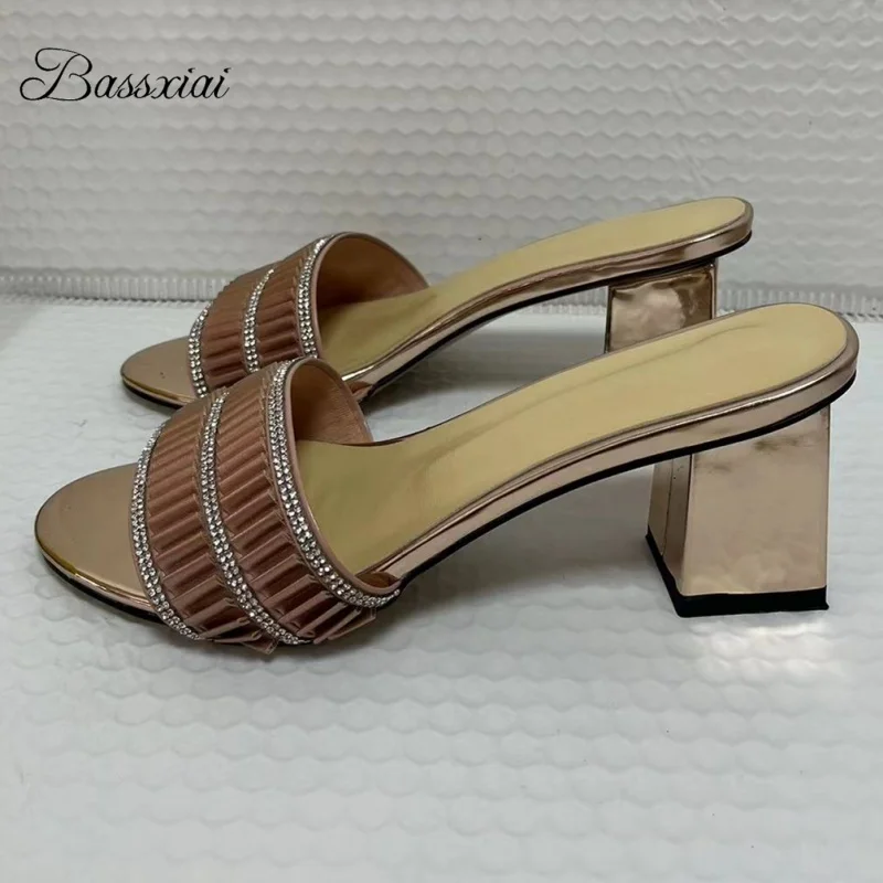 

Unique Crystal Ruffles Summer Mules For Girls Concise Style Square Heel Slingbacks Slip-On Women Sandals