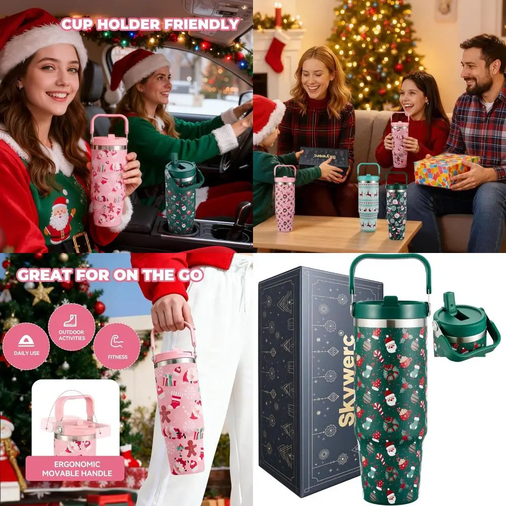 

30oz Holiday Tumbler with Handle, Double-Walled Vacuum Insulated with Flip Straw Lid, Christmas Cup Keeps Cold for 30 Hours