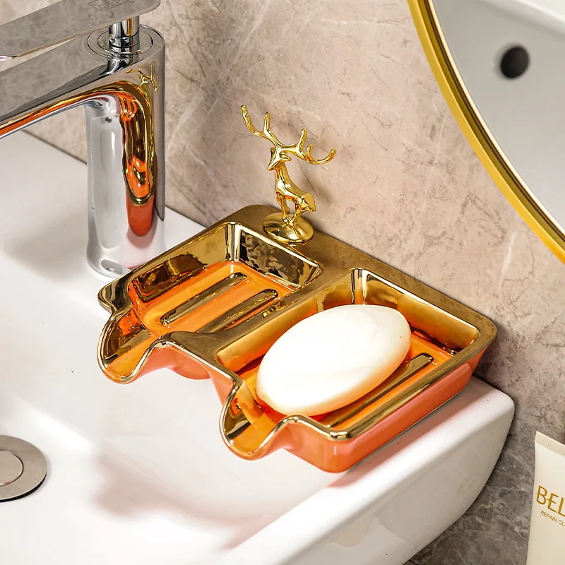 Bathroom Amenities Soap Box Golden Deer Creative Perforation-Free Drain Wall-mounted Soap Box Bathroom Soap Dish Storage Rack