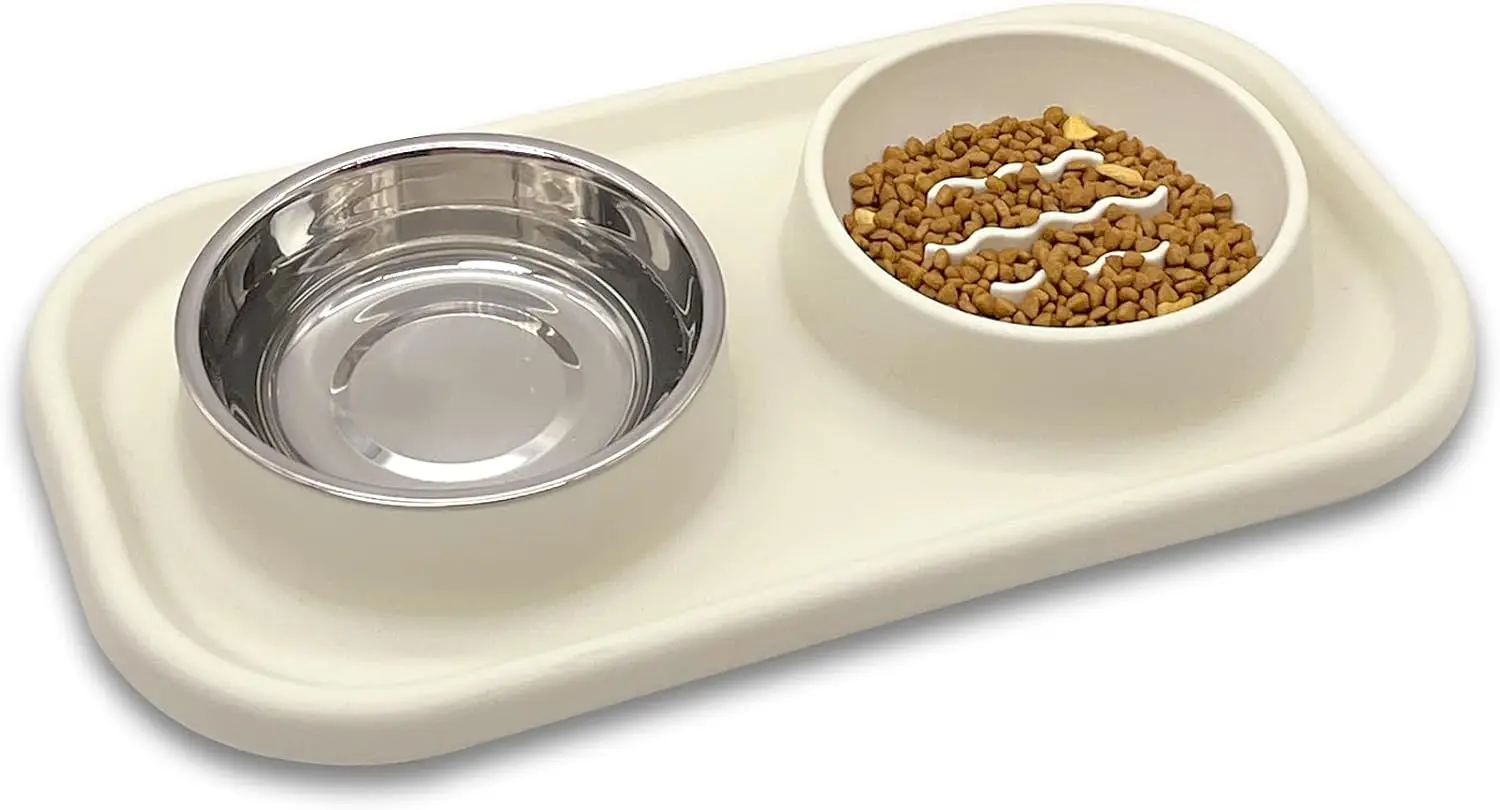 

Slow Feeder Dog Cat Bowls, Stainless Steel with Silicone Mat Dog Food and Water Bowls Set, Pet Feeder to Slow Down Eating