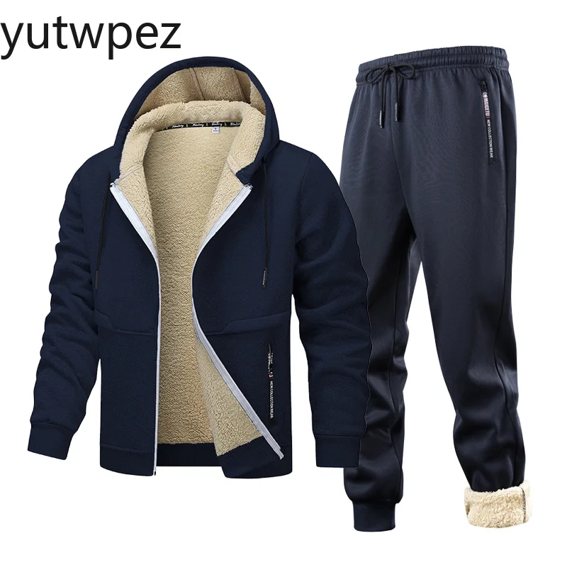 

Warm Outerwear Hooded Sweatshirt Outdoor Hiking Running Fleece Men Set Fashion Brand Tracksuit Cycling Camping Lined Thick Male