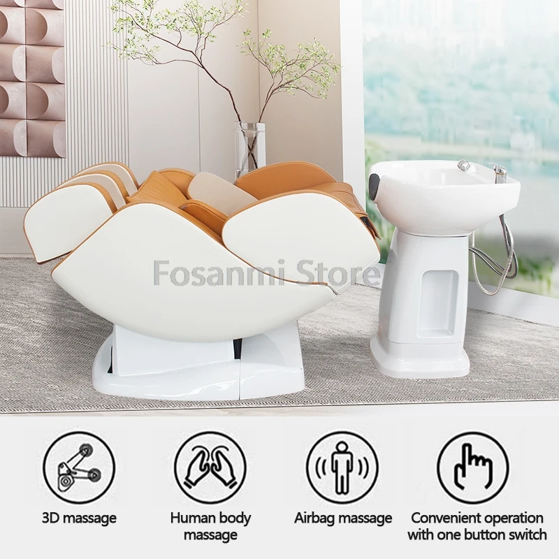 Luxury Automatic Electric  Massage Shampoo Bed Washing Flushing Back Massage Chair Bed With Ceramic Basin Hair  For Hair Salon