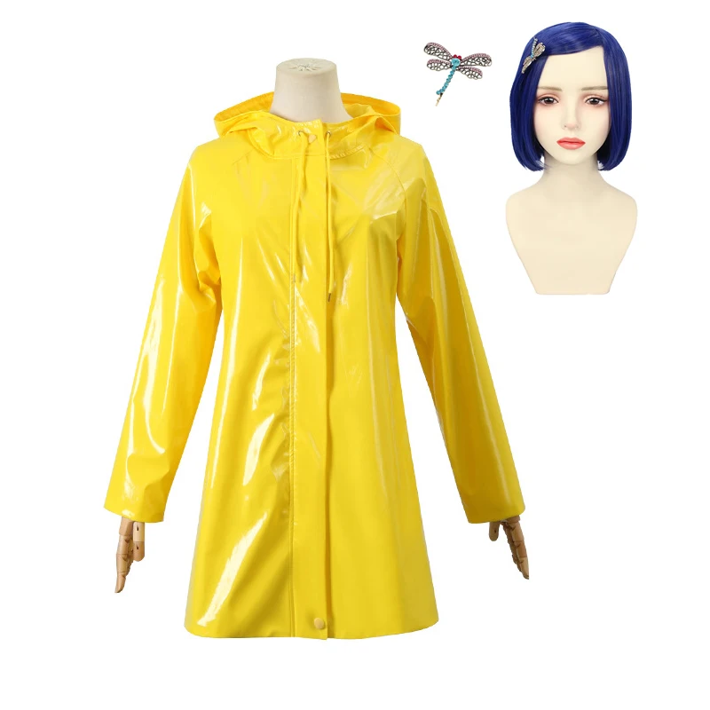 

Coraline Cosplay Costume Wig Hairpin Coraline Yellow Raincoat Women Halloween Carnival Comic-con Party Role Playing Outfits