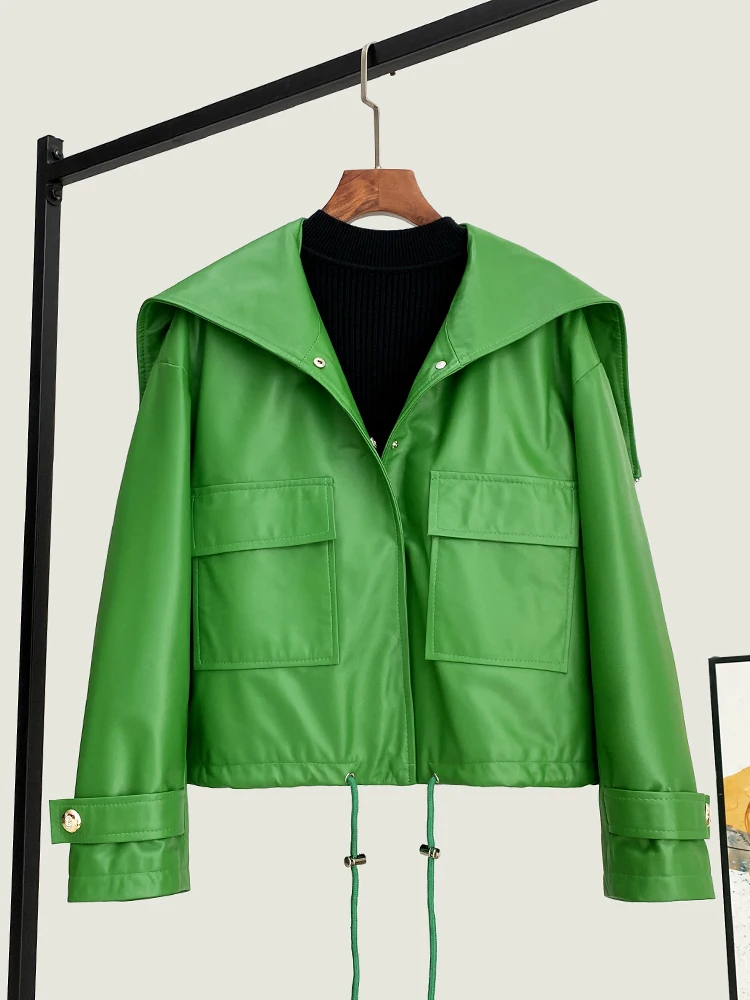 2025 Autumn New Genuine Leather Jacket For Women Navy Collar Sheepskin Leather Loose Fashionable Slim Hooded Drawstring Coat