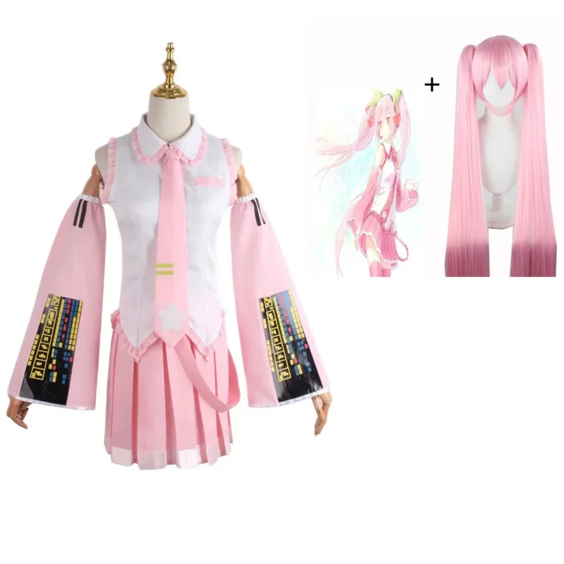 Anime Miku Cosplay Costume Woman Pink Top Short Skirt Formula Clothes Maid Outfit Wig Halloween Party Suit