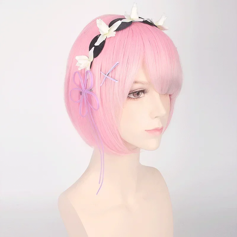 Life In A Different World From Zero Graduated Ram Rem Cosplay Wig for Women Short Straight Pink Blue Anime Wig