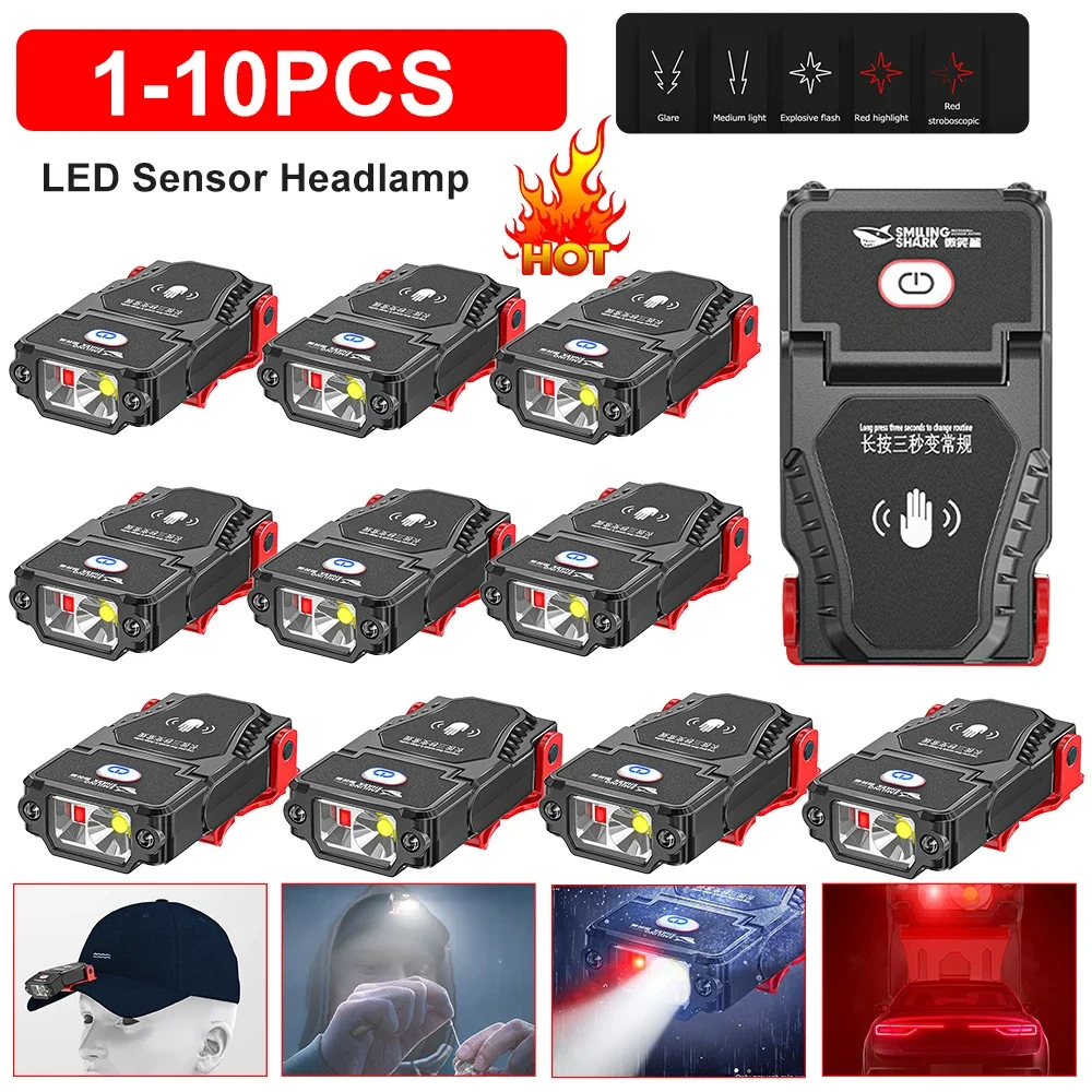1-10Pcs Mini LED Sensor Headlamp Hat Clip Cap Light Headlight USB Rechargeable Adjustable Angle Camping Head Lamp Work Light