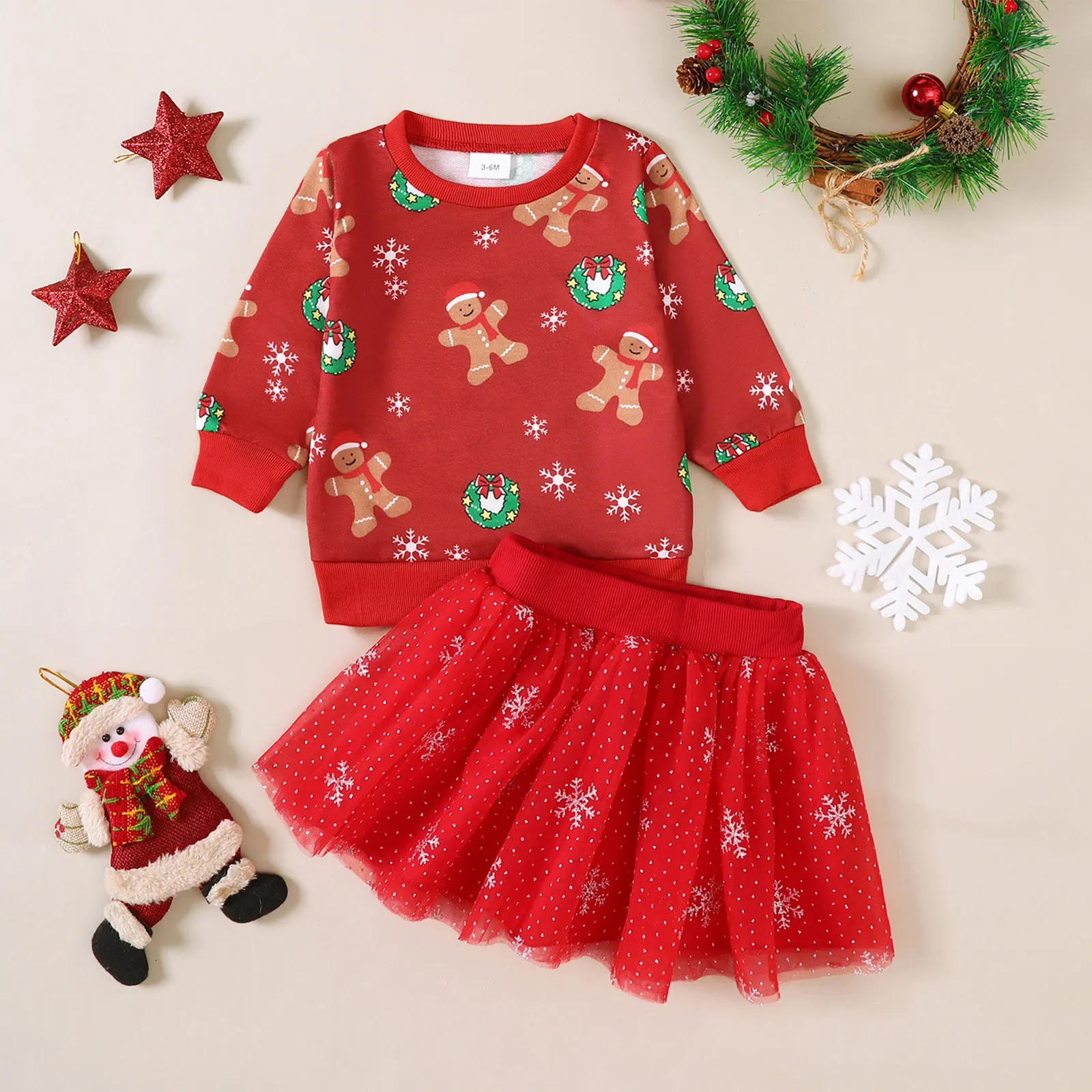 아기 소녀 크리스마스 옷 크리스마스 요소 인쇄 긴 소매 셔츠 풀오버 탑 프릴 메쉬 스커트 어린이 신년 파티 복장