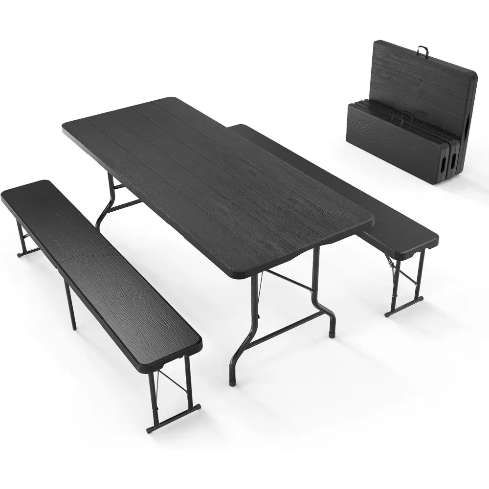 

Picnic Table Set with 2 Benches, 6 Feet Camping Table Chair Set, 3-Piece Folding Furniture for Indoor or Outdoor Use, Tree Patt