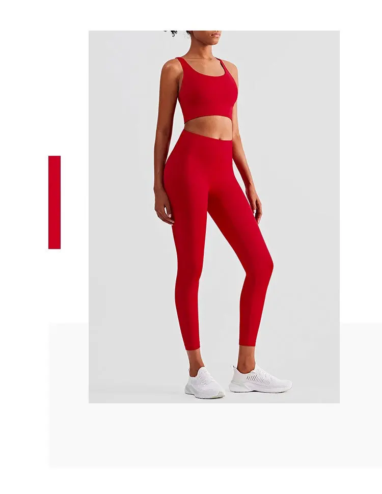 2-teiliges Damen-Set aus einfarbigem Cross-BH und High-Waist-Yogahose, bequem, atmungsaktiv, für Fitness, Training, Radfahren und Yoga. – Detail 5