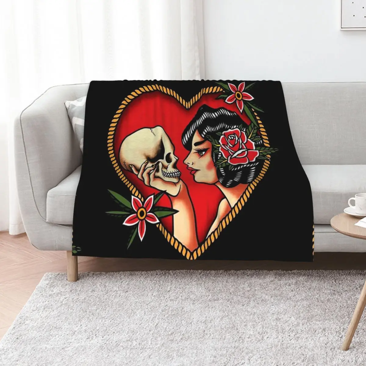 

Traditional Beautiful Flapper in Heart Holding Skull Tattoo Throw Blanket Beautifuls Soft Plaid warm for winter Baby Blankets
