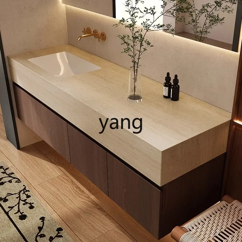 LHH ， medieval travertine rock slab seamless ceramic integrated basin bathroom cabinet combination