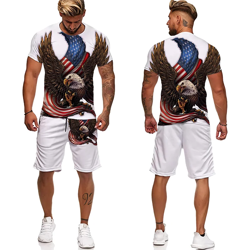 New 3D Print American Owl Pattern Short Sleeve T Shirt Shorts Men Clothing 2023 Summer Tracksuit Casual Men Sets Short Outfits