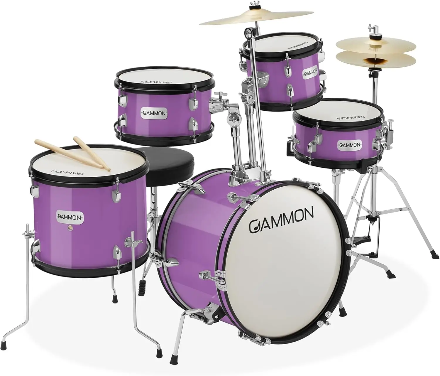 5-Piece Junior Starter Drum Kit with Cymbals, Hardware, Sticks, & Throne - Purple