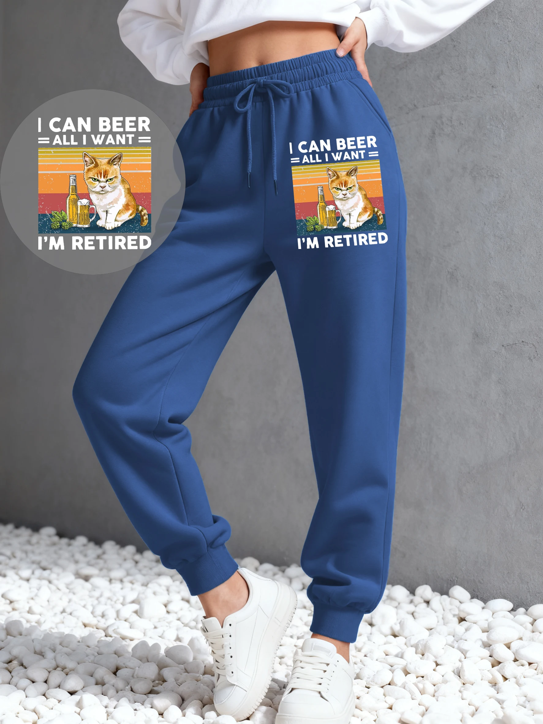 กางเกงวอร์มลายแมว I Can Bee I'M Retired สำหรับผู้หญิง กางเกงขายาวผ้าฟลีซใส่สบาย ทรงฮิปฮอป ใส่ได้ทั้งชายและหญิง เหมาะสำหรับฤดูใบไม้ร่วง กางเกงวิ่งออกกำลังกาย กางเกงขายาวทรงสปอร์ต