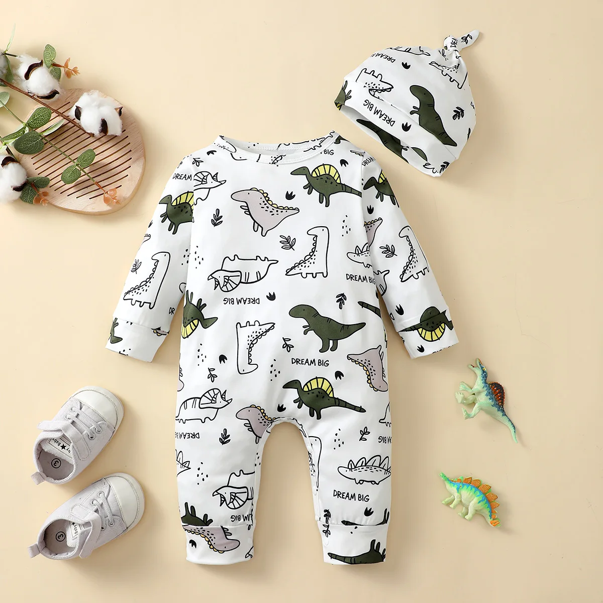 0-18 Months Baby Boy Jumpsuit Cartoon Dinosaur Long Sleeved Jumpsuit And Hat Suitable Baby Boy Spring Autumn Daily Crawl Set