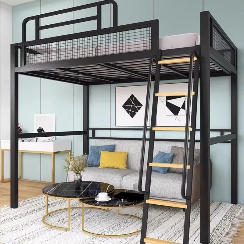 

High guardrail elevated bed with desk combination suspended semi-elevated loft bed small apartment