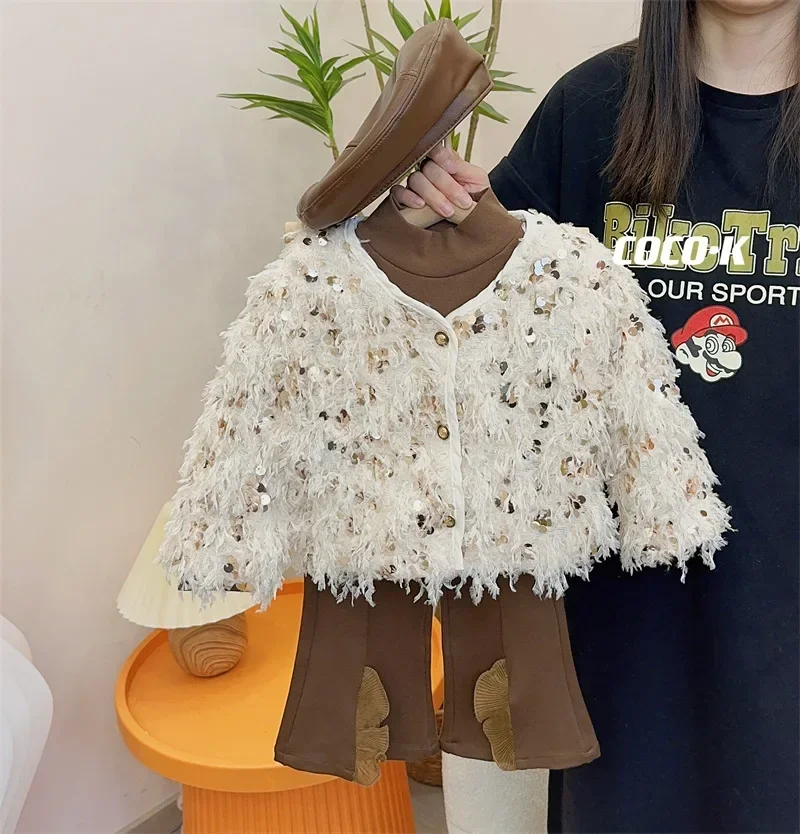 Abbigliamento per bambini Cappotto per ragazze Top a maniche lunghe con paillettes 2023 Primavera e autunno Nuovo cappotto dolce casual alla moda