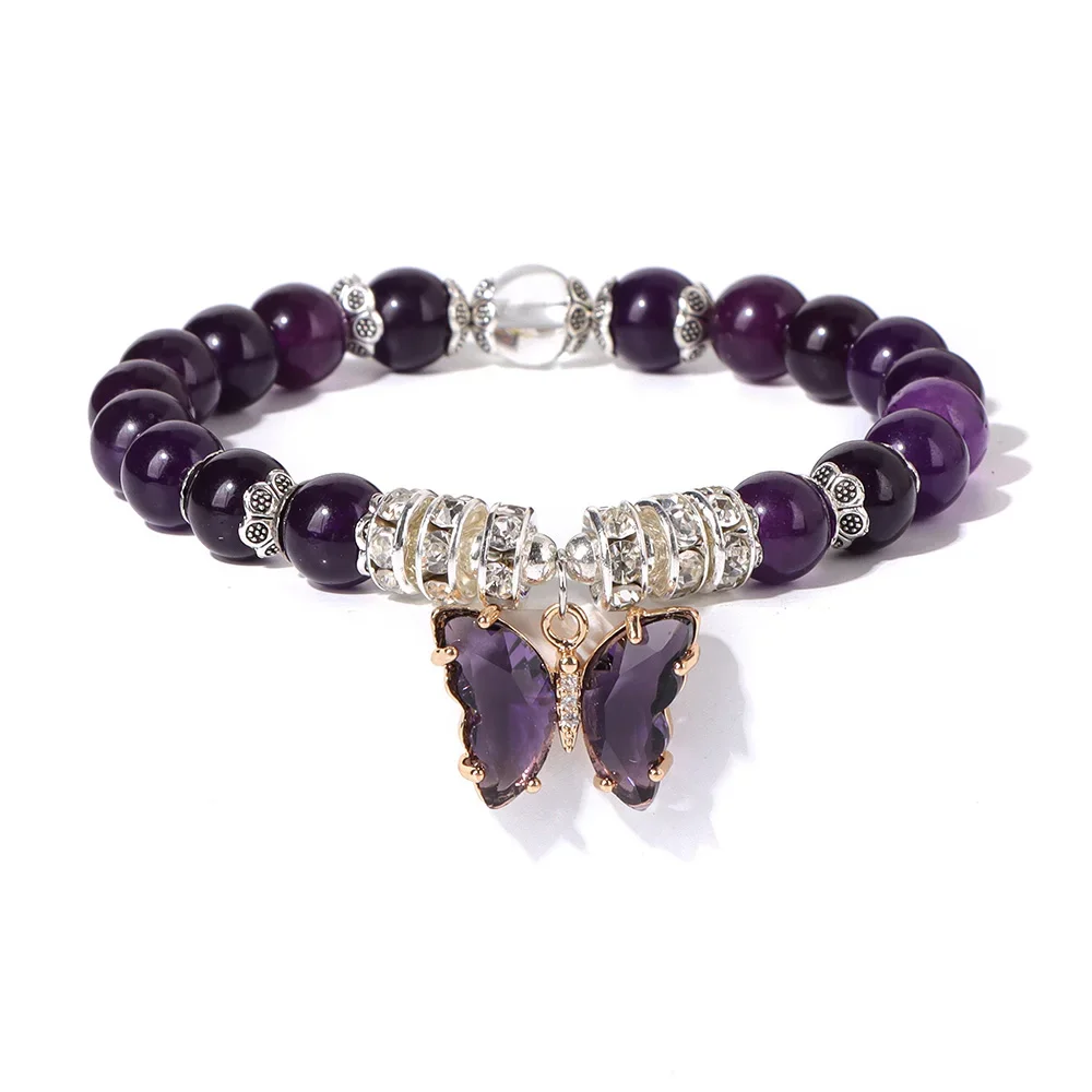 Black Crystal Butterfly Charm Bracelet Natural Stone Rose Quart Amethysts Turquois Elastic Bracelets For Women Exquisite Jewelry