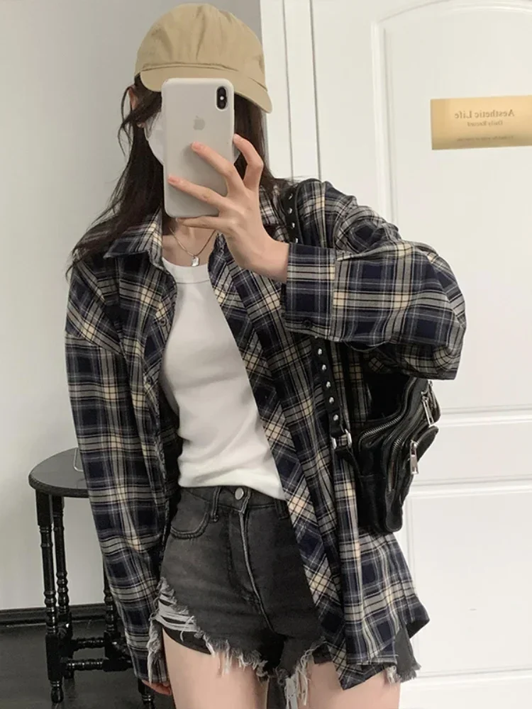 

Womens Blouse Summer Women Shirt Plaid Blouses Spring Long Female Maxi Blusas Casual Vintage Long Sleeve Cotton Oversize Loose