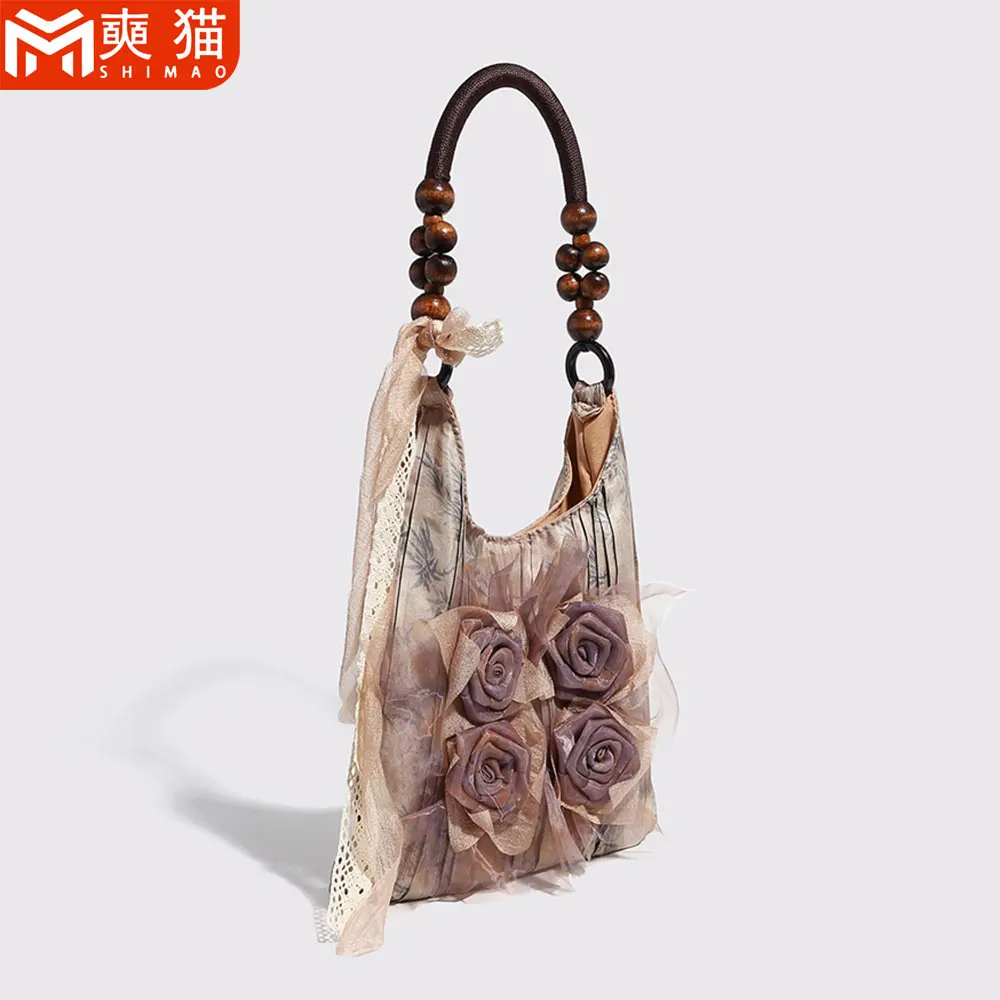 

Retro Ethnic Style Handbag Women Lady Large Capacity Armpit Leisure Bags Women Rose Flower Tie-Dyed Handmade Art Shoulder Bag