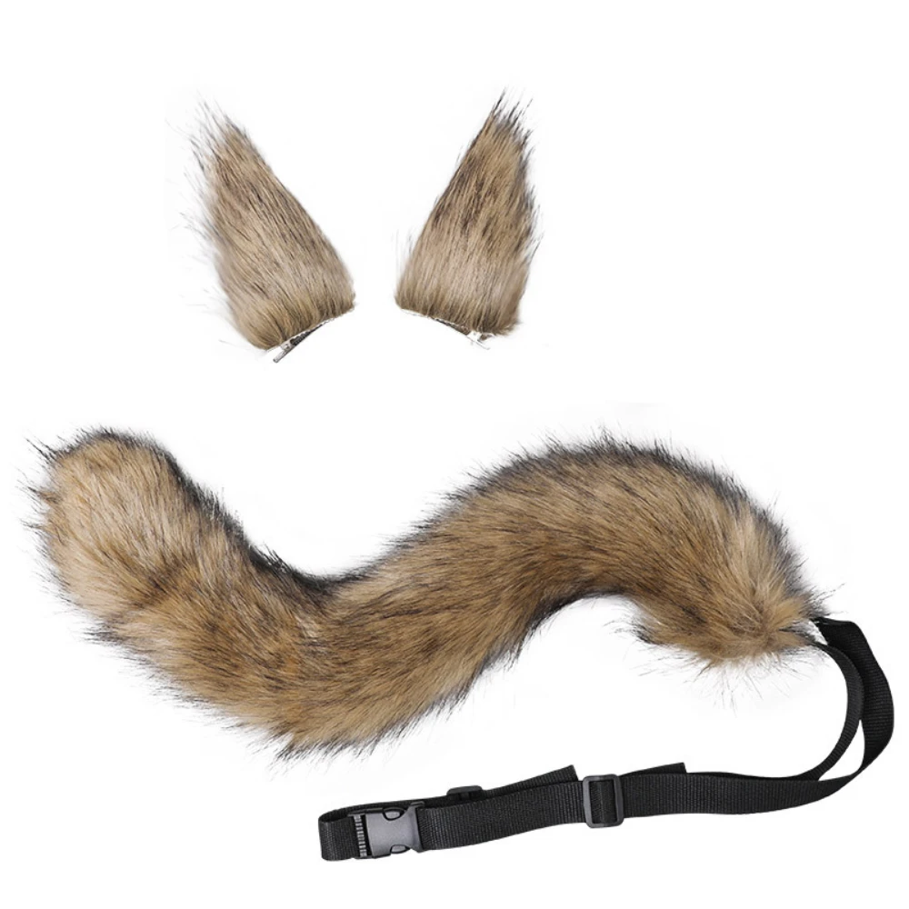 

Faux Fur Cat Fox Wolf Furry Tail and Clip Ears for Halloween Party Costume Accessories, Adjustable Tail Set, Cosplay Dress Up