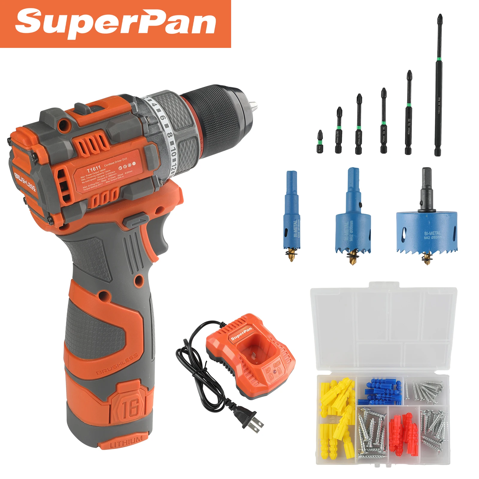 

SuperPan 16V Cordless Drill 55N.m 20+1 Torque Settings Ergonomic Grip Multi-functional Electric Screwdriver for Home Use