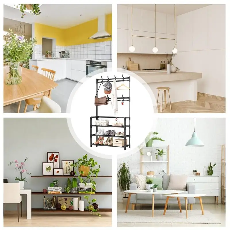 Clothes Rack With Shoe Storage With Hooks Metal Cloth Hanger Rack Stand Floor-standing Dormitory Hanger For Items Storage Rack