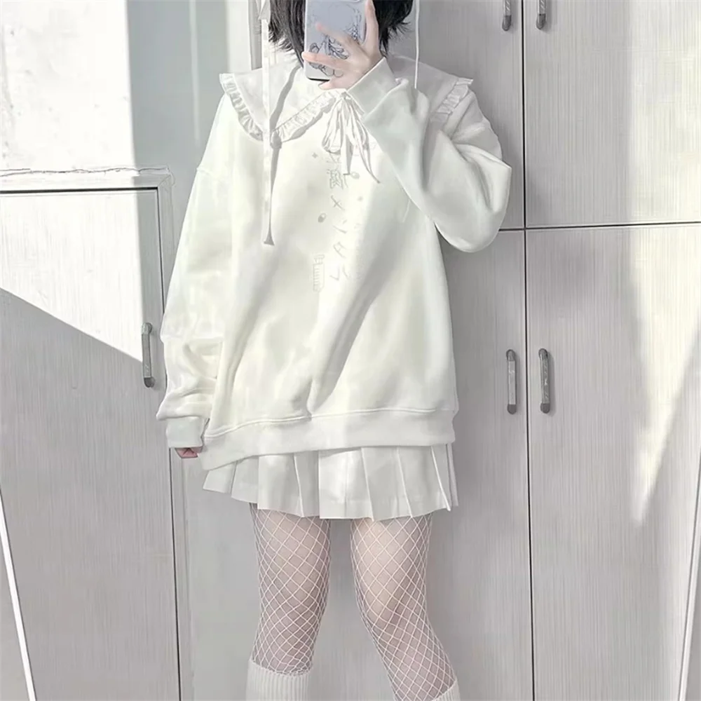 화이트 블랙 Y2k 여성 가을 루즈 캐주얼 피터팬 후드 일본 미네 스타일 서브컬쳐 귀여운 스위트 걸 후디 스웨터셔츠